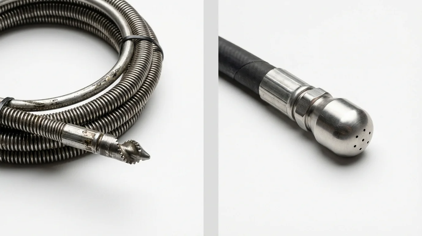 Drain snake cable and hydro jetting nozzle used for drain cleaning in Atoka, OK