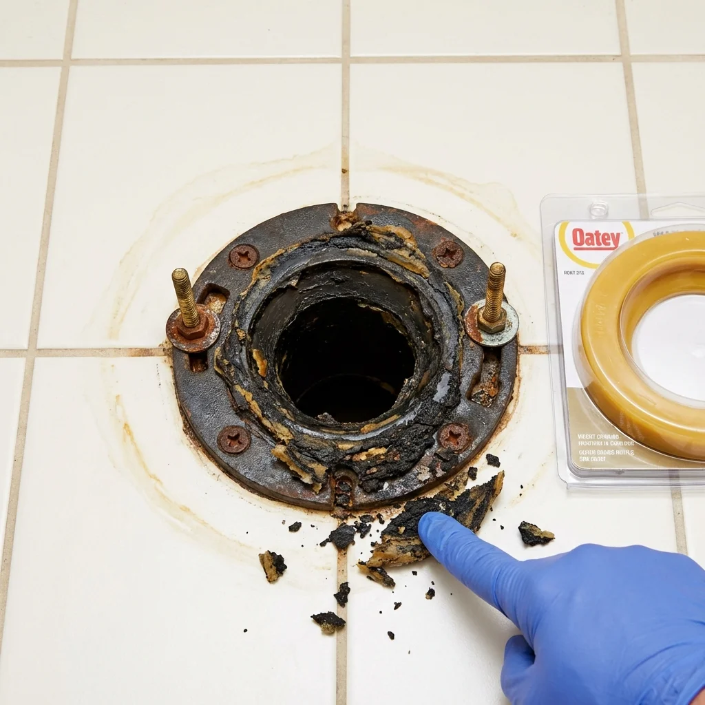 Failed wax ring showing water seepage at the base of a toilet in a Atoka, OK home