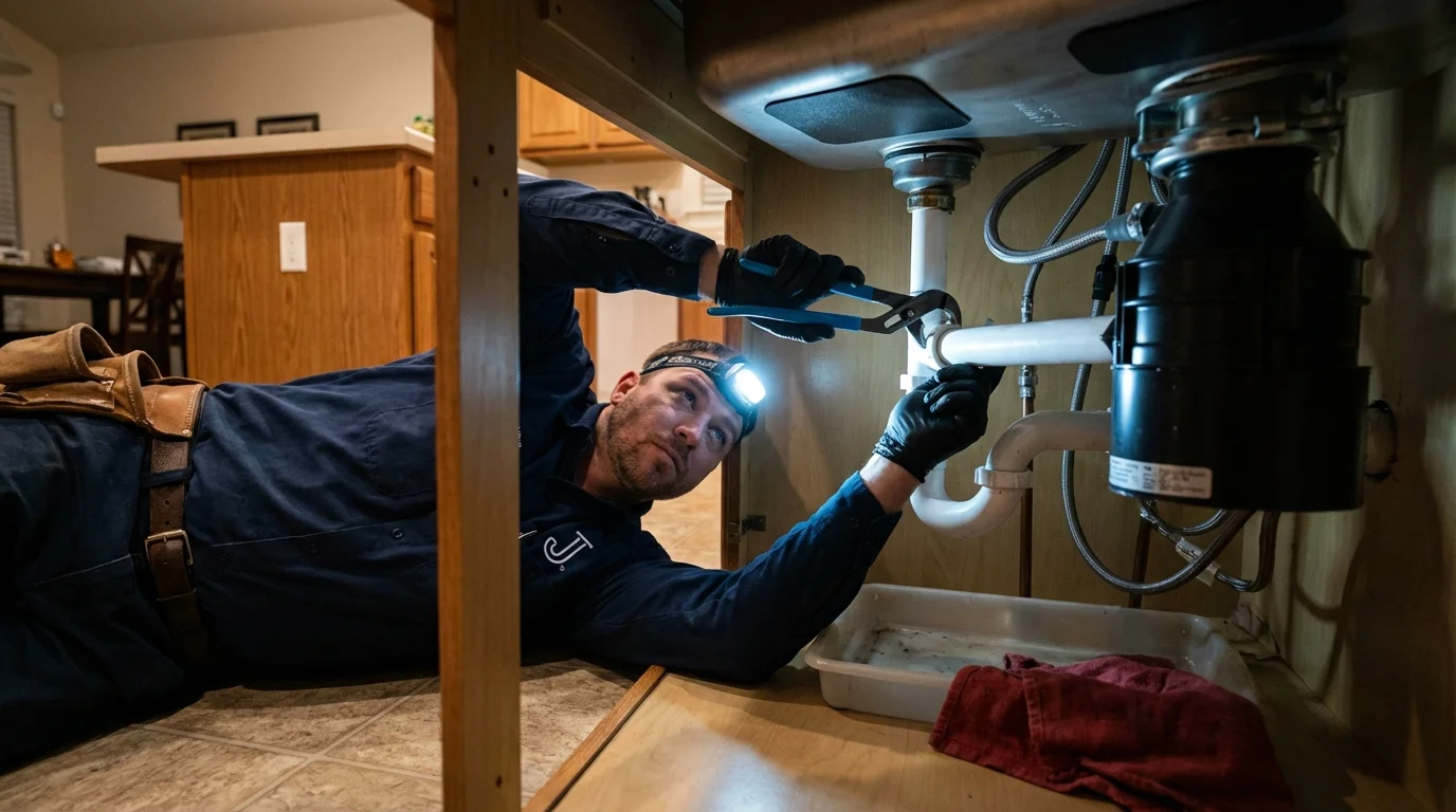 P-trap and supply line connections under a kitchen sink showing a common leak point in Atoka, OK